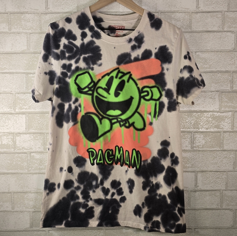 Retro Pac Man Black & White Tie Die Graffiti Drip Graphic Print T Shirt Size S